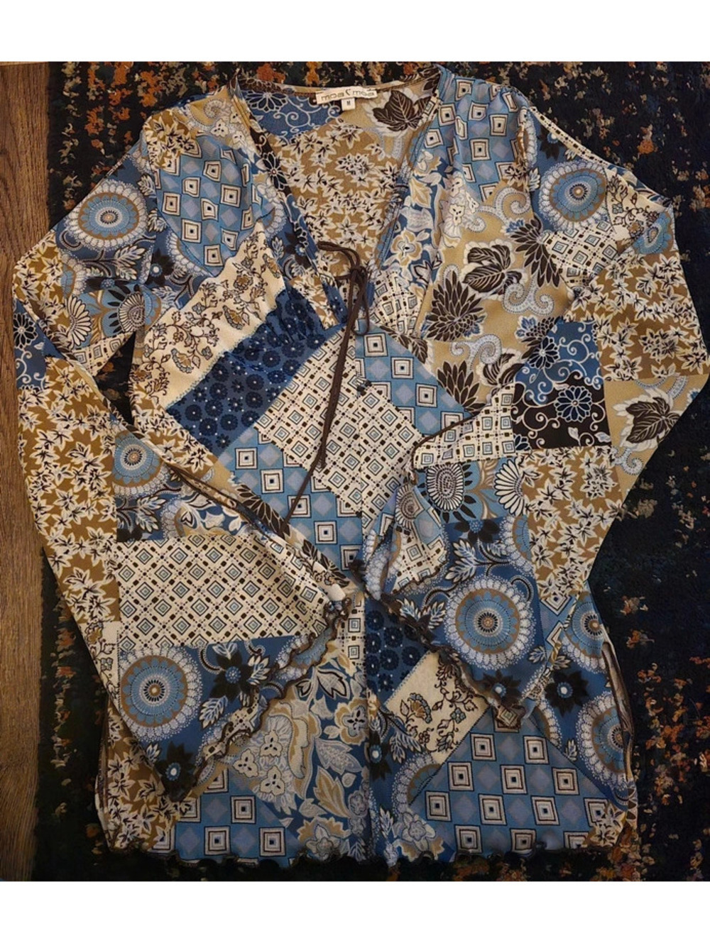 Vintage Moa Moa Patchwork Mesh Top Brown Blue Floral Boho Y2K Flare Sleeve M